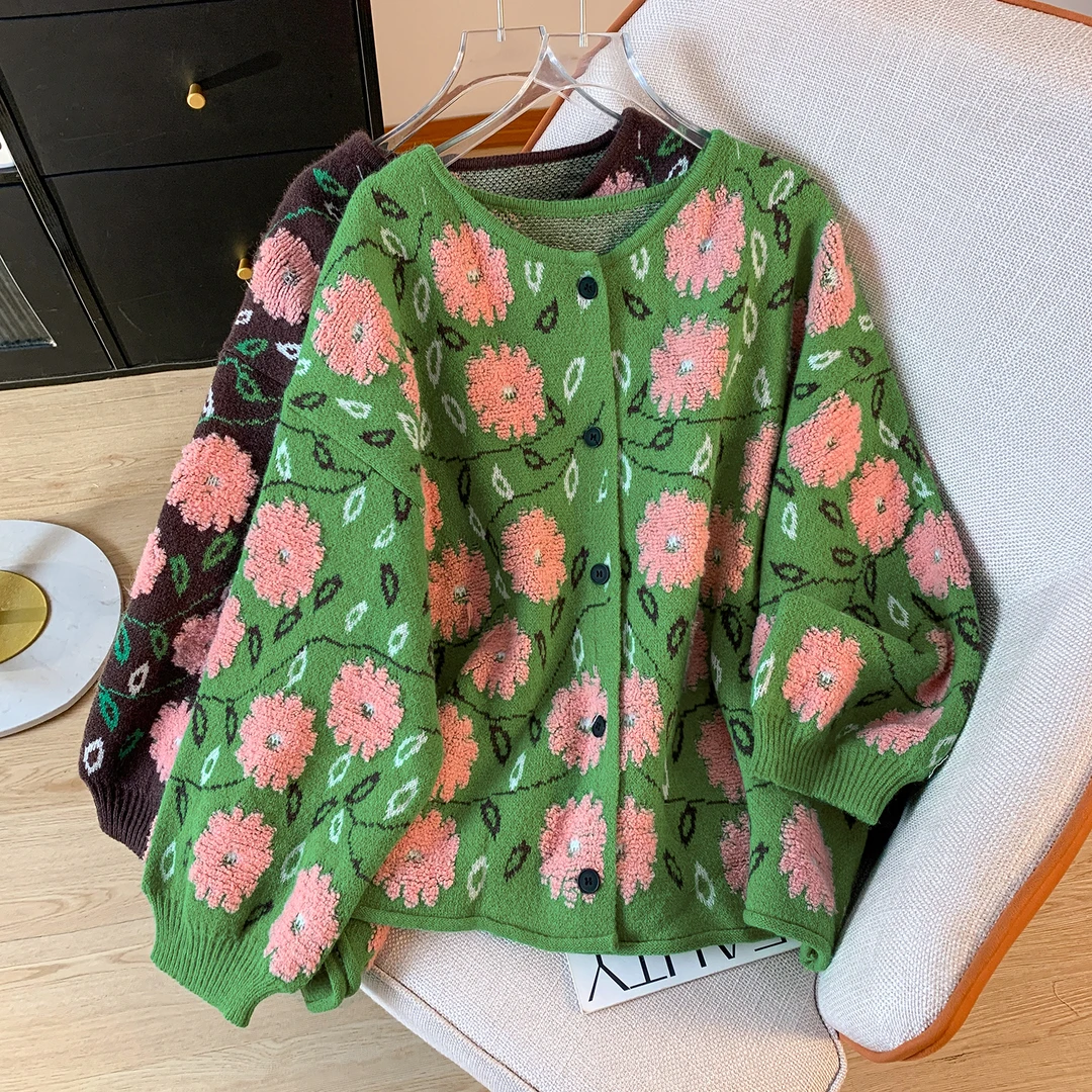 花朵毛衣羊绒开衫外套女秋冬装2024慵懒风宽松大码针织上衣森系