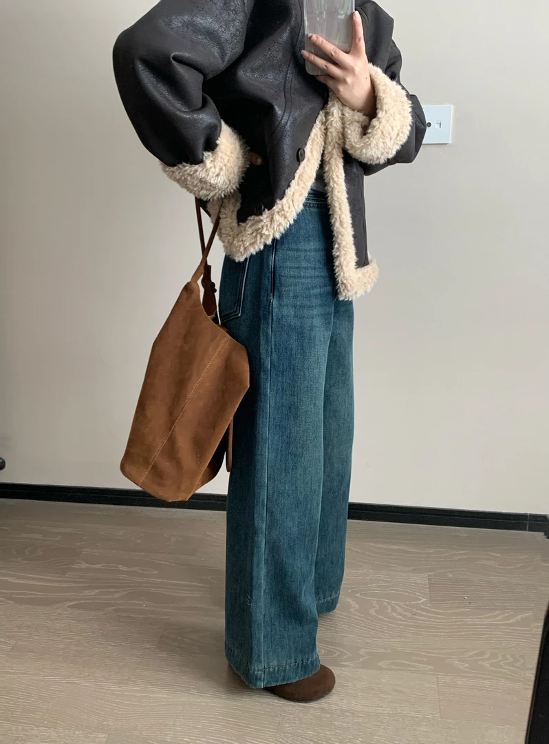【朴大艺】复古牛仔蓝水洗腔调感直筒阔腿牛仔裤冬季加绒小个子长裤