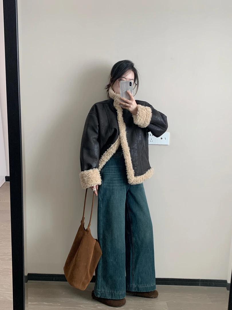 【朴大艺】牧野卷卷毛复古做旧一体式机车外套保暖立领上衣外套4128