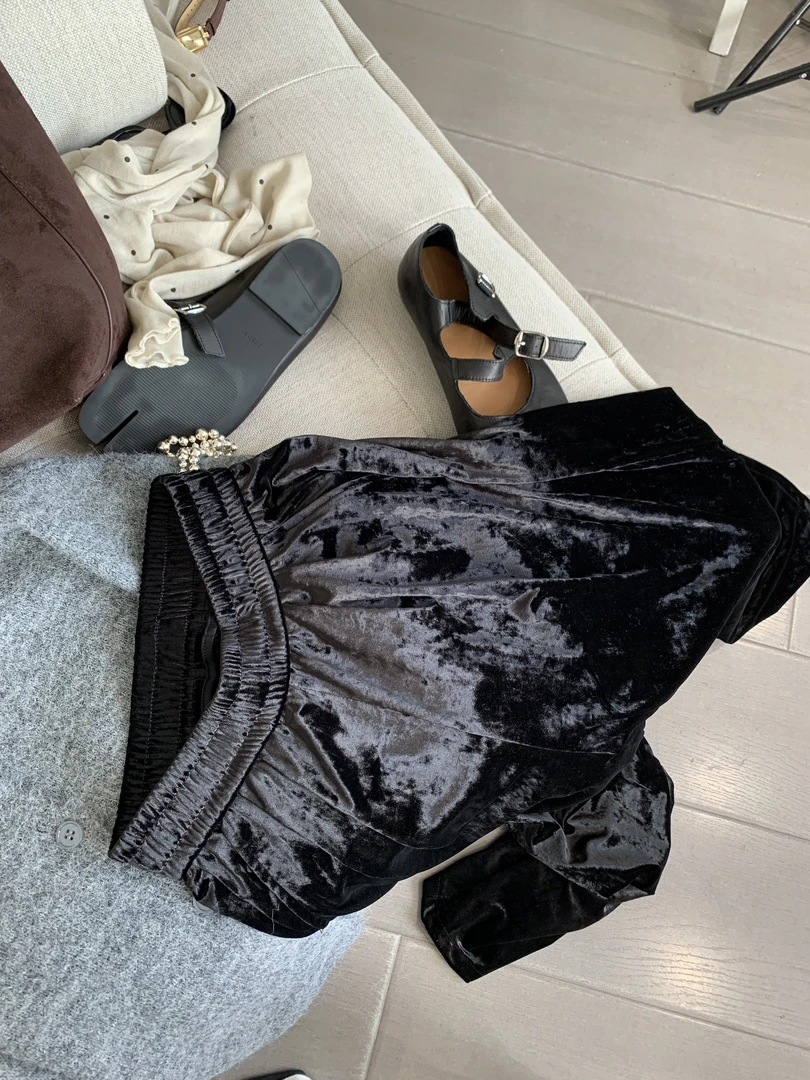 【朴大艺】黑色高级亮泽感慵懒风丝绒裤松紧腰阔腿直筒裤08026