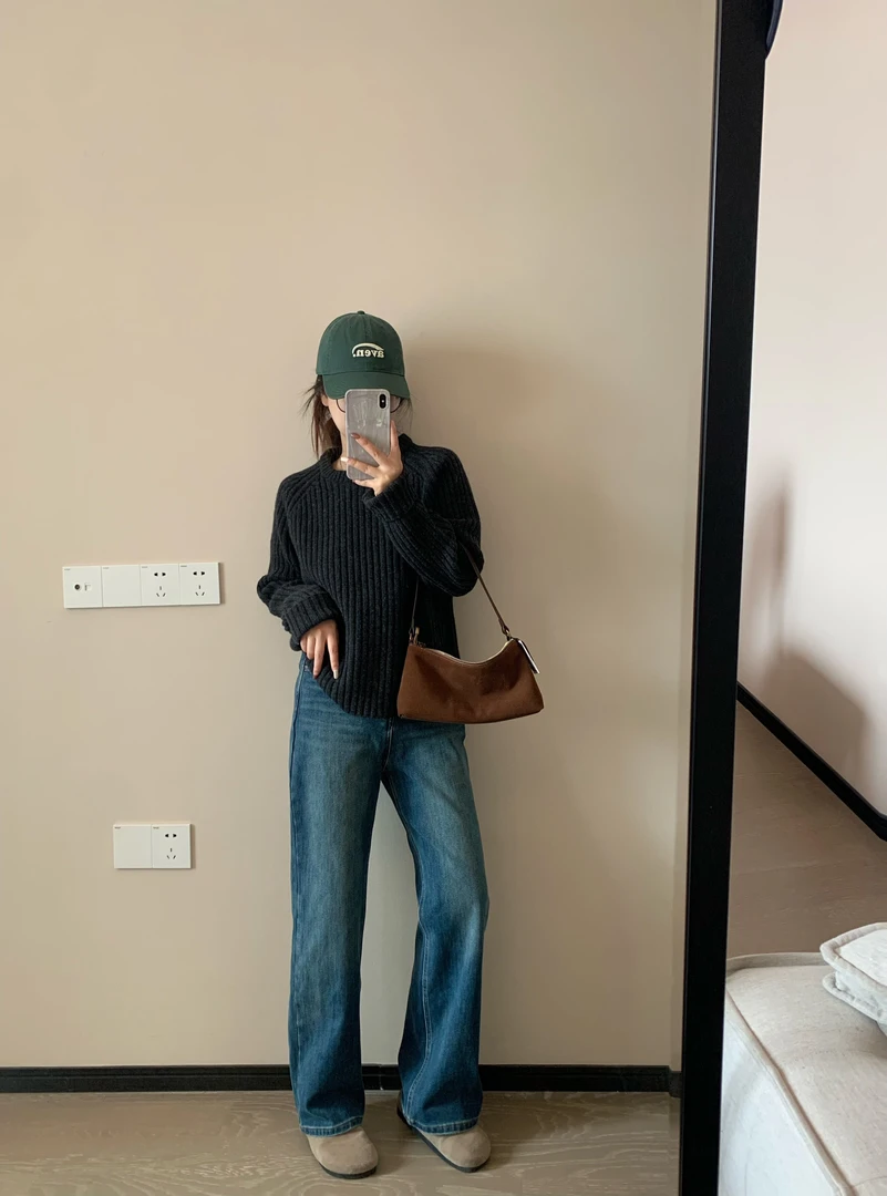 【朴大艺】水洗复古蓝抓绒牛仔裤通勤百搭窄版直筒小个子长裤5960