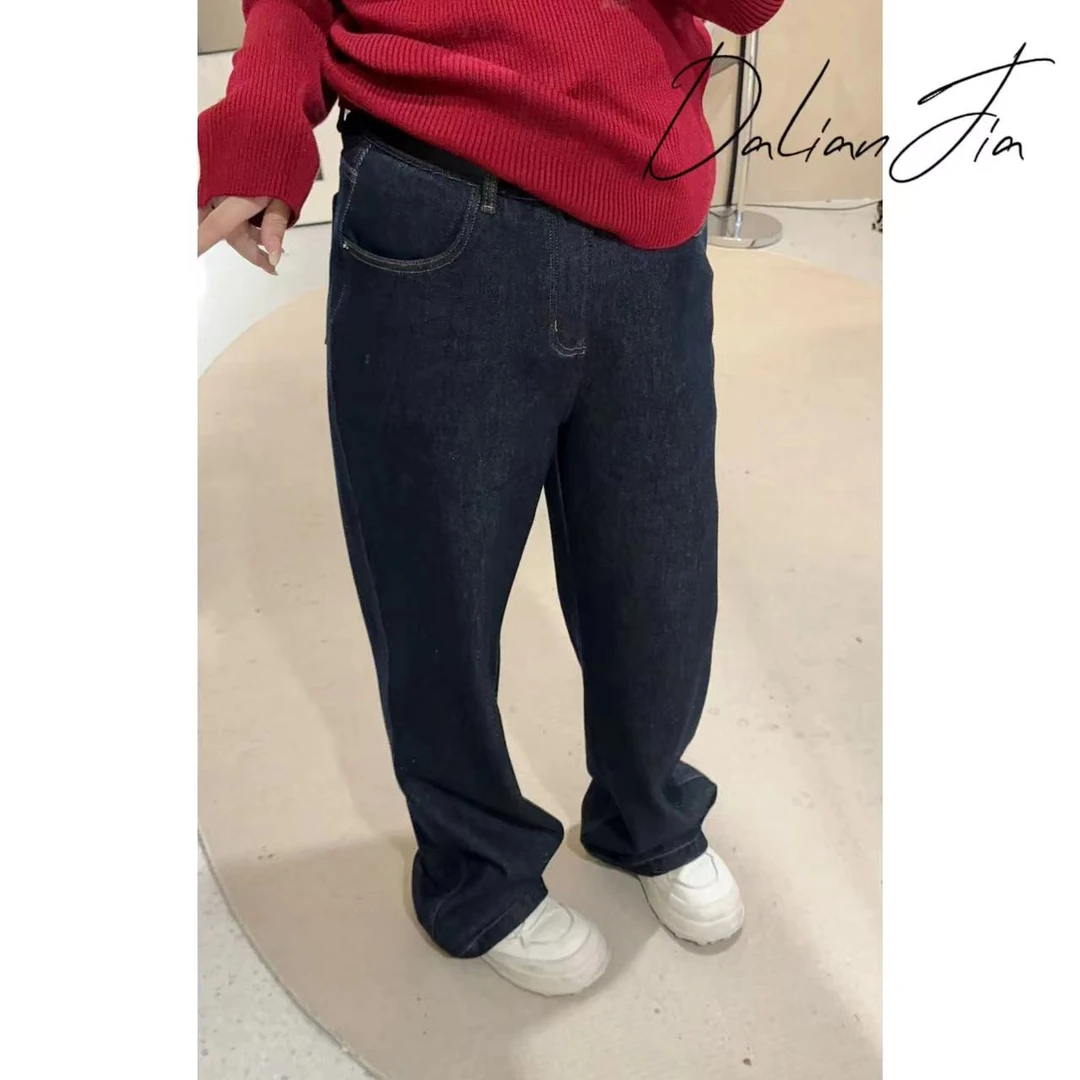 晶咕【原色牛仔】无松紧加绒复古水洗做旧宽松牛仔裤显瘦直筒