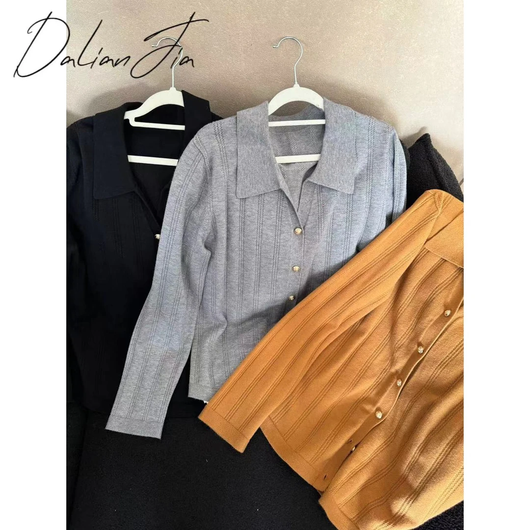 晶咕佳佳【暮光之约】韩版纯色翻领单排扣长袖针织衫显瘦气质时尚