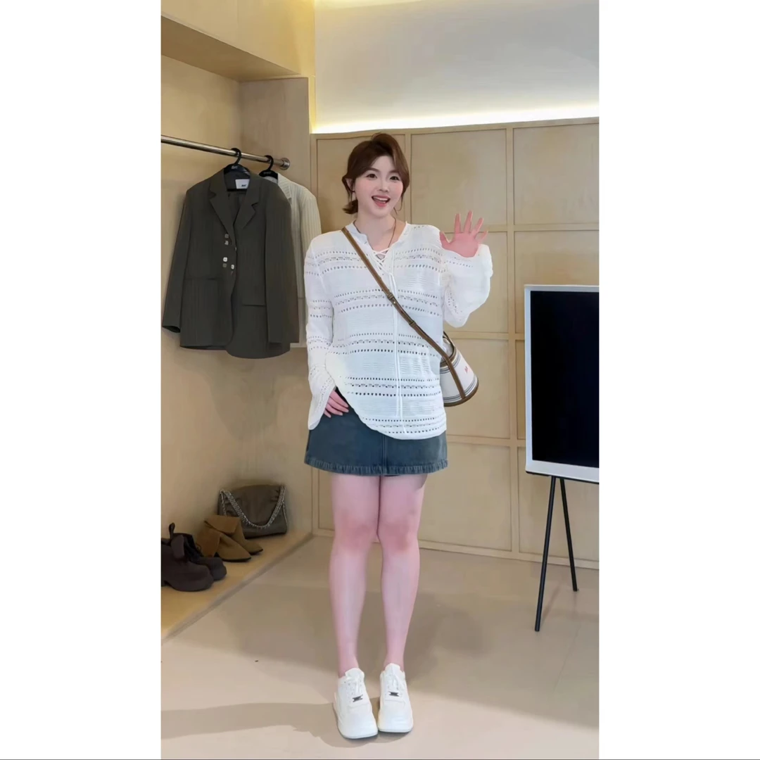 晶咕【公主日记】气质镂空系带百搭长袖针织衫宽松时尚休闲圆领