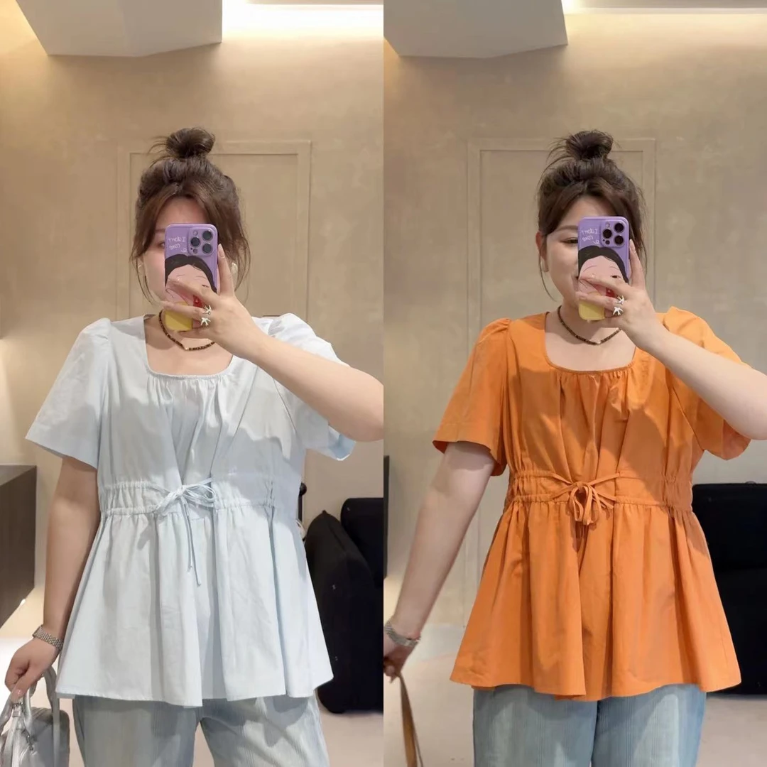 晶咕佳佳【薄橙少女】设计感腰间抽绳小上衣短袖T恤法式褶皱休闲