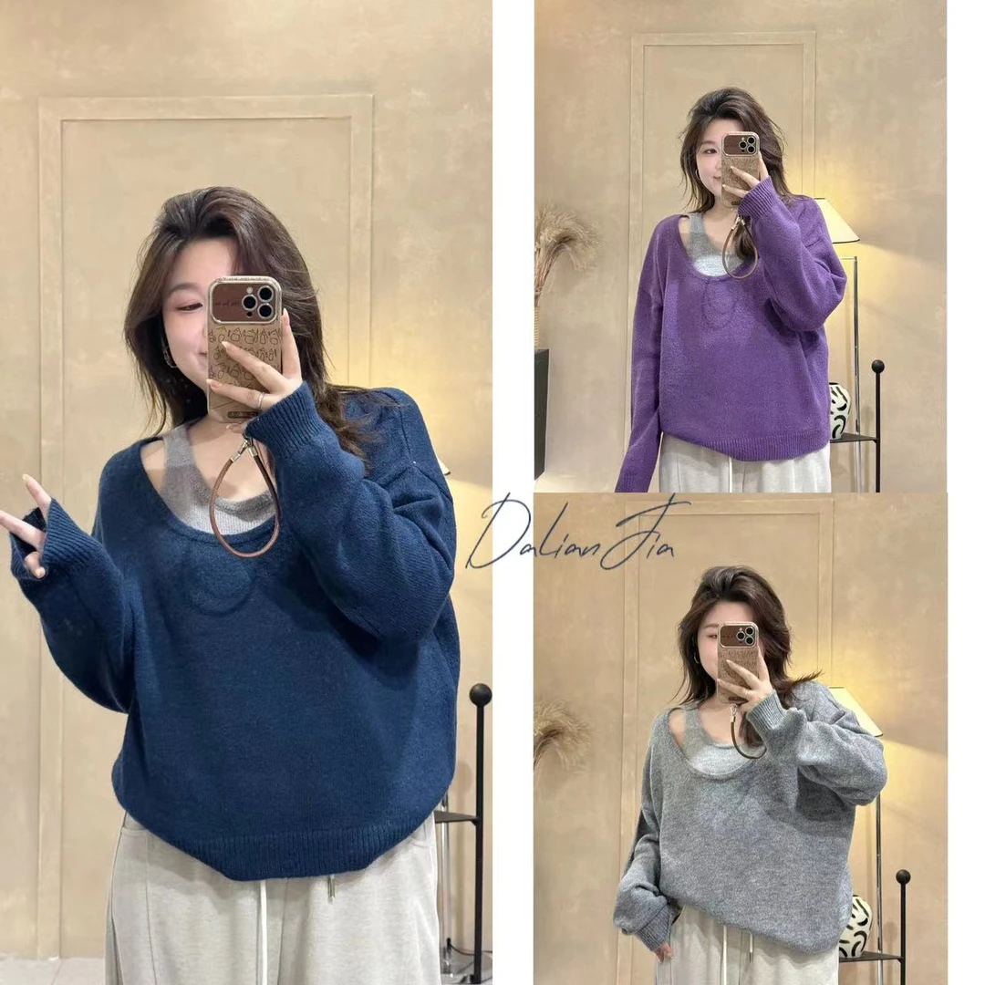 晶咕【风信花语】时尚设计感假两件毛衣长袖宽松百搭韩版