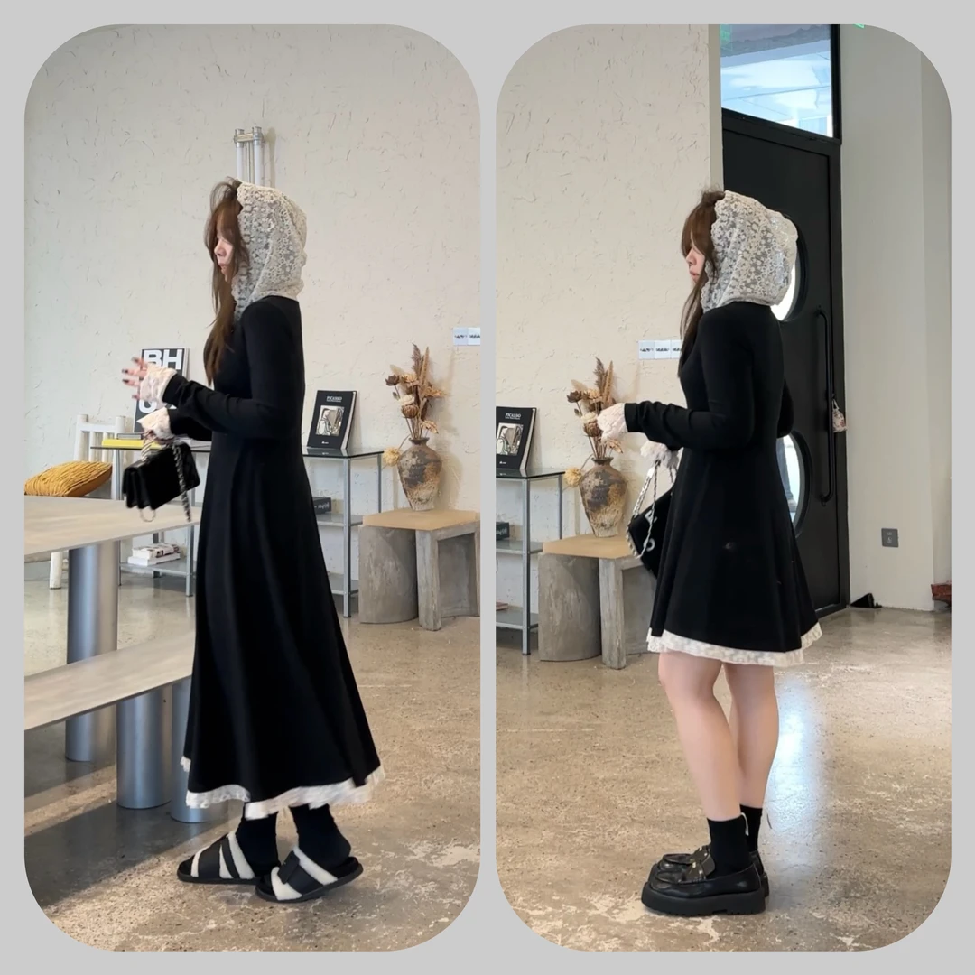 晶咕【鬼马少女】法式赫本风修身蕾丝拼接长短款两个版本连衣裙