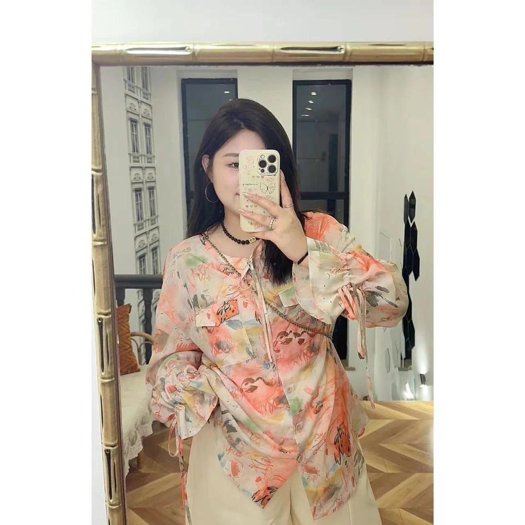 晶咕佳佳【寻意花海】复古宽松涂鸦印花长袖衬衫显瘦气质小众遮肉