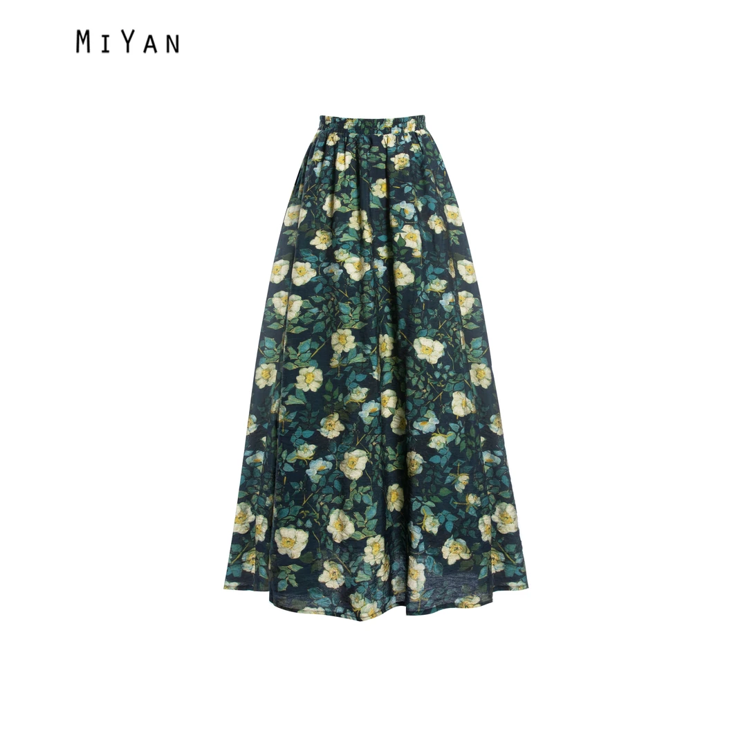 030油画风女士半身裙时尚百搭复古裙长85cm松紧腰气质中长A字裙