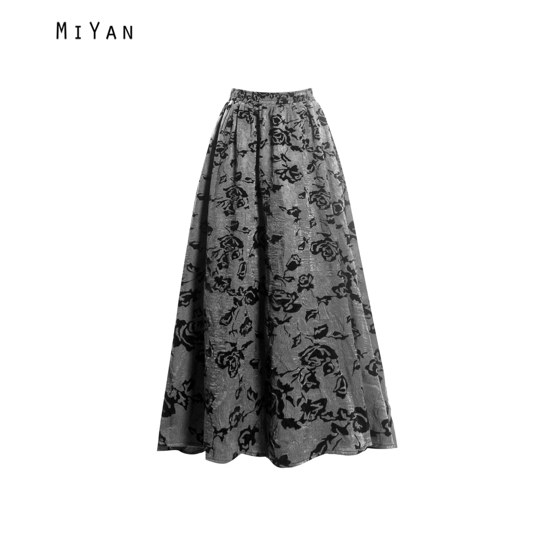 182秋冬灰底玫瑰植绒女士半身中长裙棉里布裙长85cm气质百搭A字裙