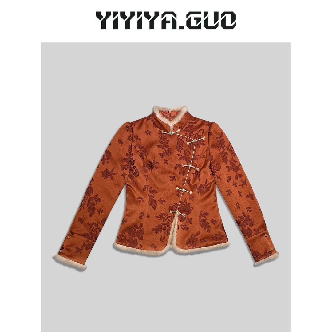 艺艺/YIYIYA.GUO橙红色提花拼接白色毛边长袖上衣SY0847