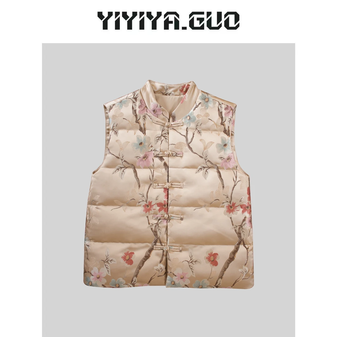 yiyi咖色立领印花中扣无袖上衣（只可干洗）2023845