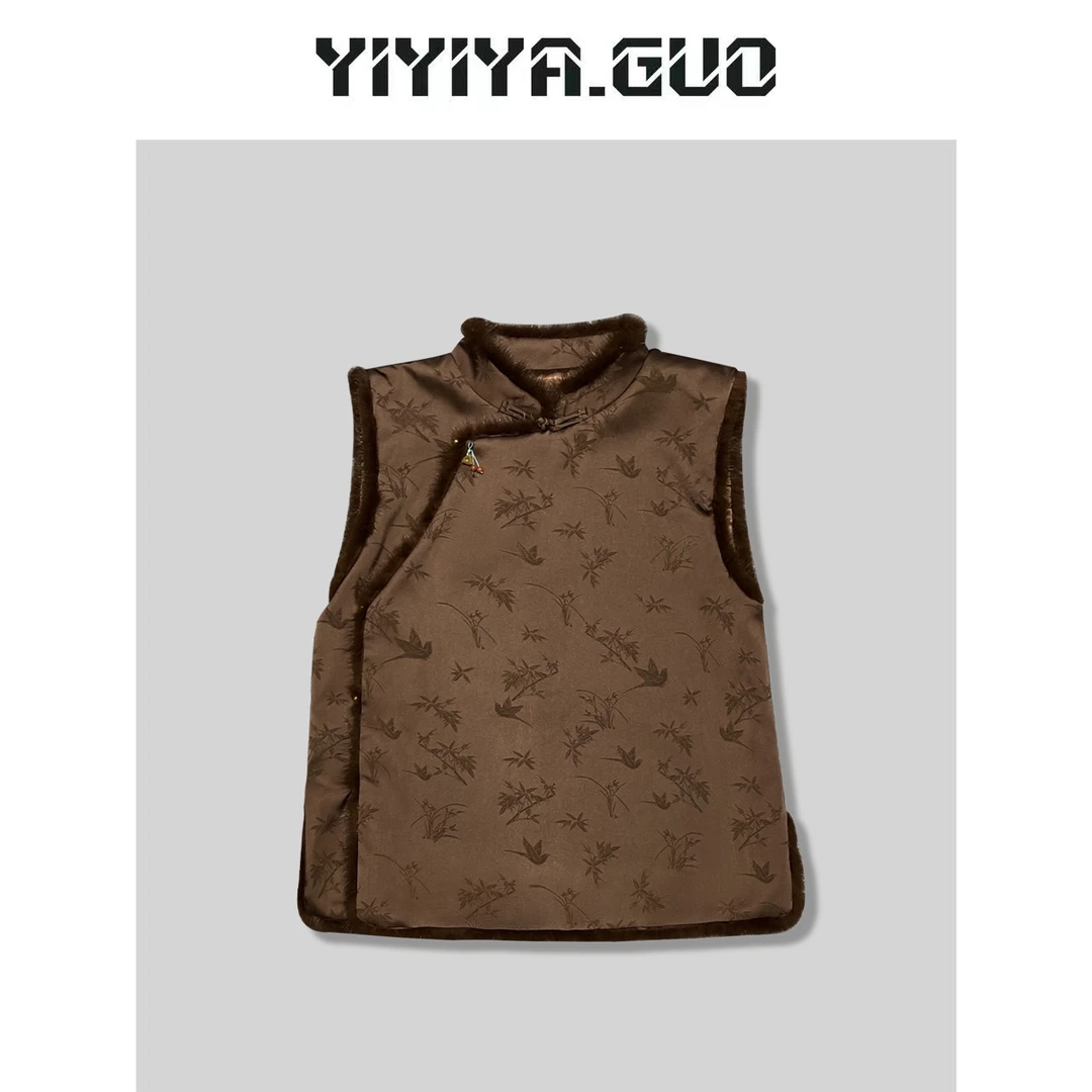 艺艺/YIYIYA.GUO咖色提花无袖毛边上衣