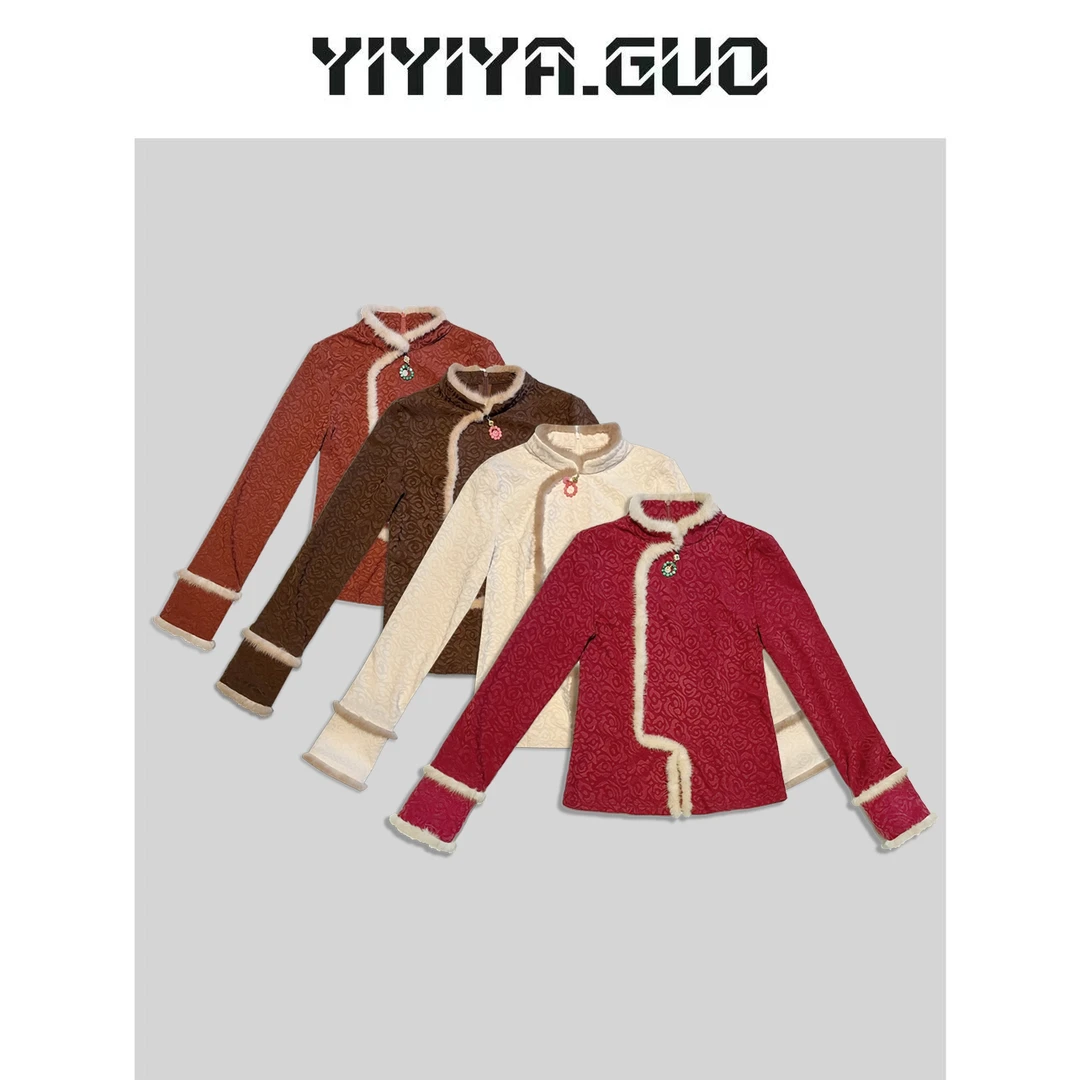 艺艺/YIYIYA.GUO咖色白色袖口双层毛边长袖上衣SY0827