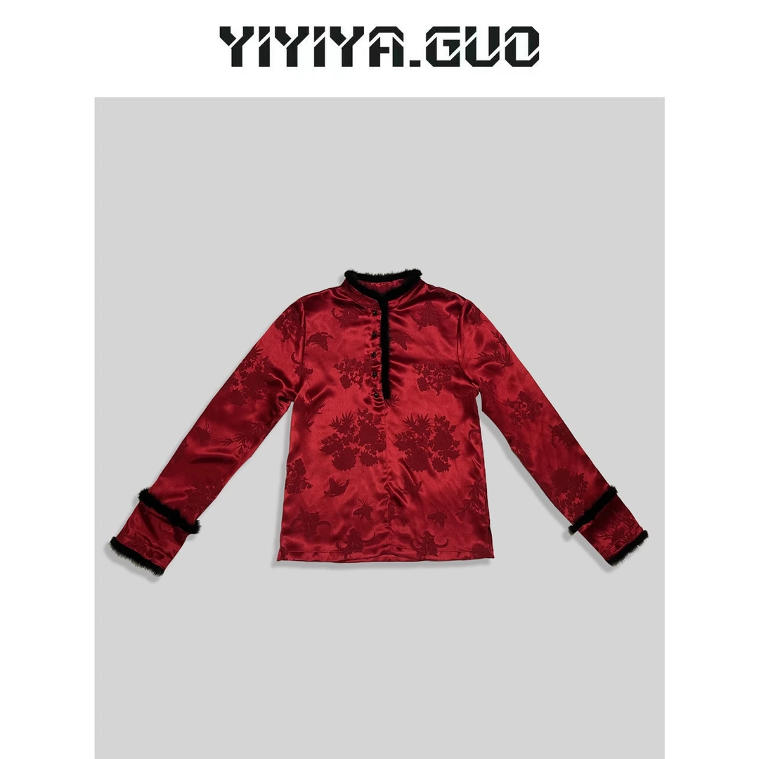 艺艺/YIYIYA.GUO红色拼接中扣毛边长袖上衣（不支持机洗）SY0740