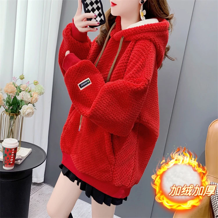 加绒加厚连帽卫衣女2025年新款秋冬季大码女装爆款网红羊羔毛外套