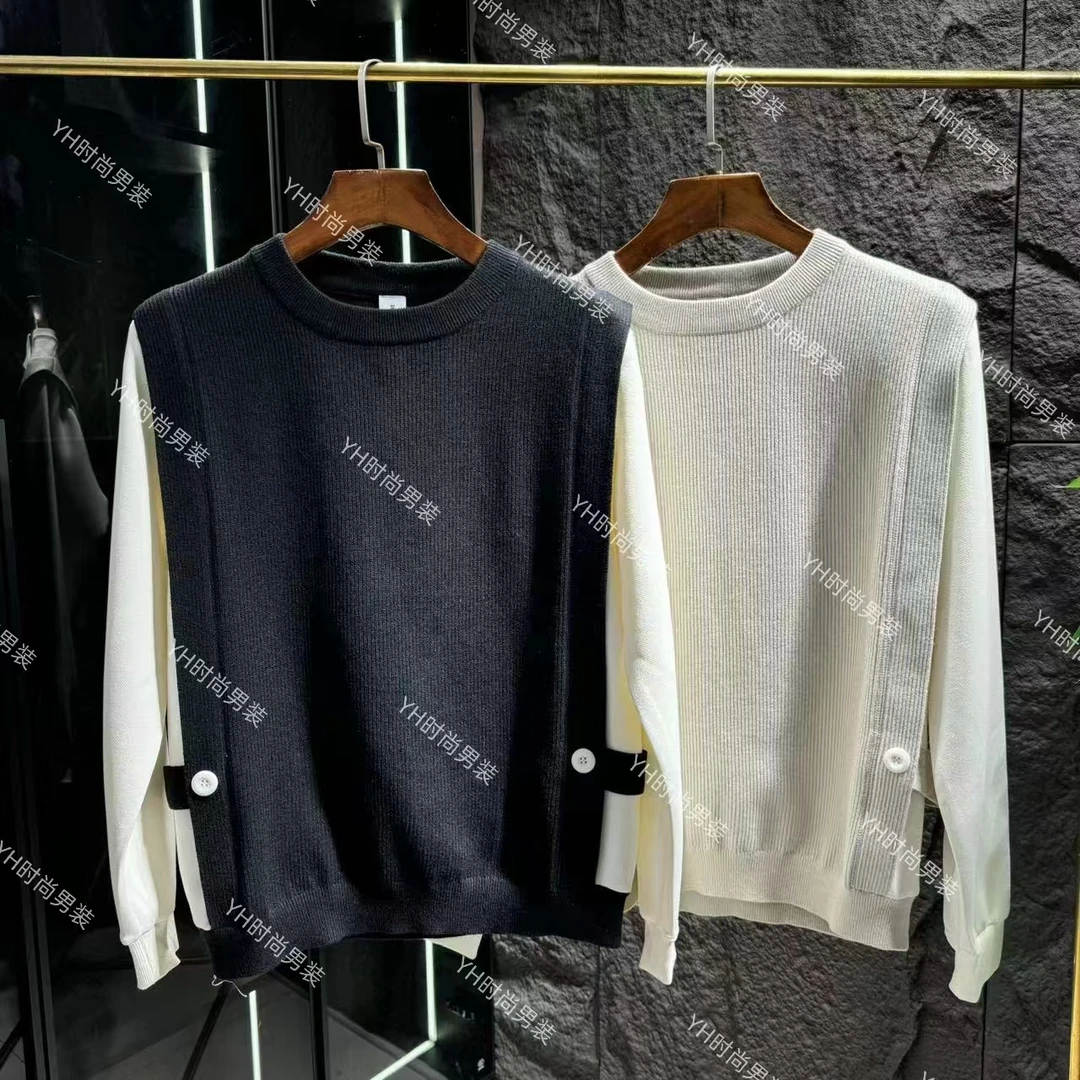 秋季新款简约百搭针织假两件毛衣时尚潮流修身显瘦痞帅风套头上衣