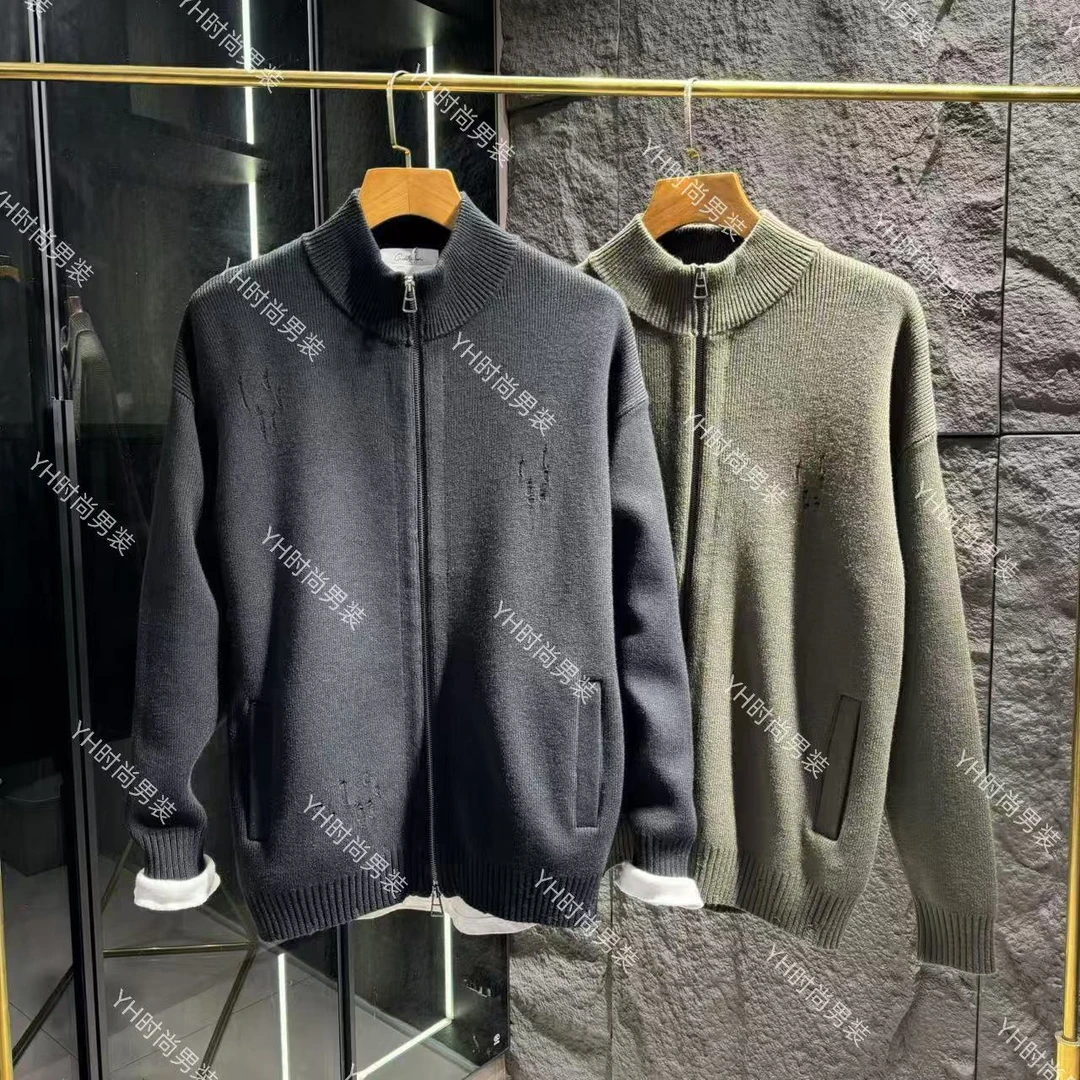 冬季新款款高智淡人纯色破洞休闲立领针织开衫百搭宽松长袖上衣