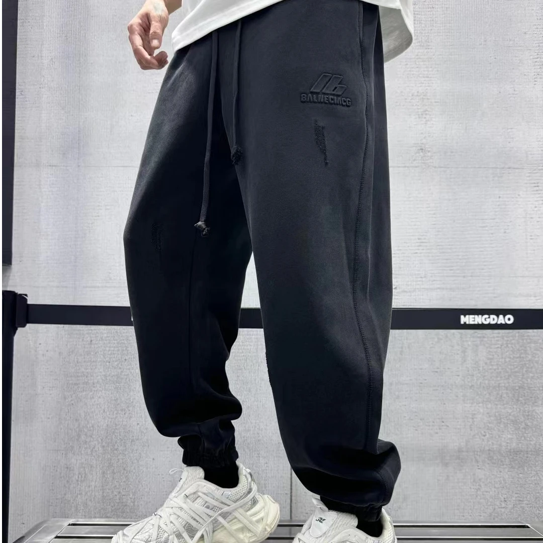 秋季新款美式重磅高智淡人钢印高街卫裤高品质宽松时尚束脚裤男