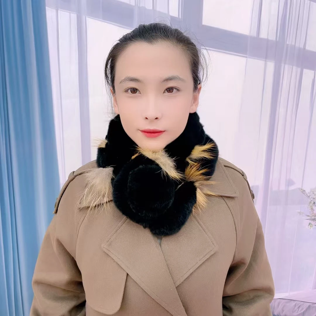 日本真毛獭兔毛围巾女冬季保暖百搭可爱交叉皮草围脖濑兔毛绒加厚