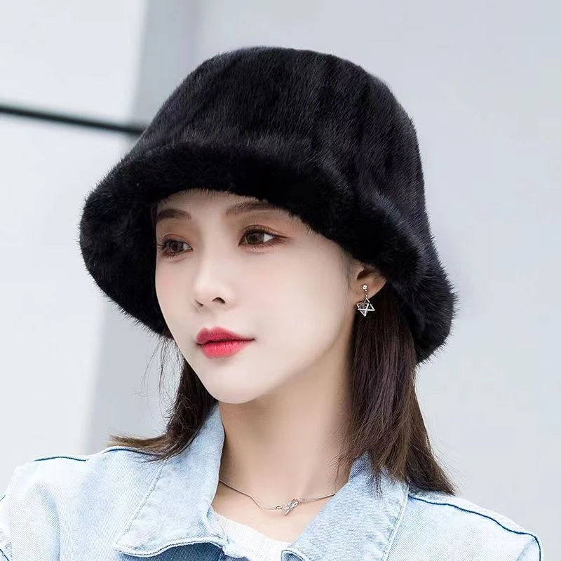 帽子女秋冬保暖水貂毛渔夫帽潮日系百搭水桶帽遮脸皮草貂皮帽盆帽