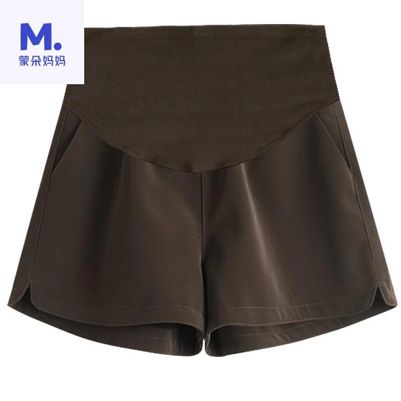 孕妇皮短裤秋冬季2023新款外穿开叉托腹阔腿短裤纯色宽松休闲靴d5