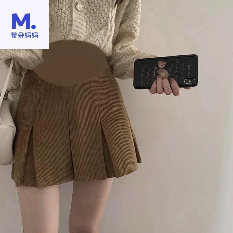 孕妇半身裙春秋季2023新款外穿托腹百褶裙百搭灯芯绒孕妇短裙子d5