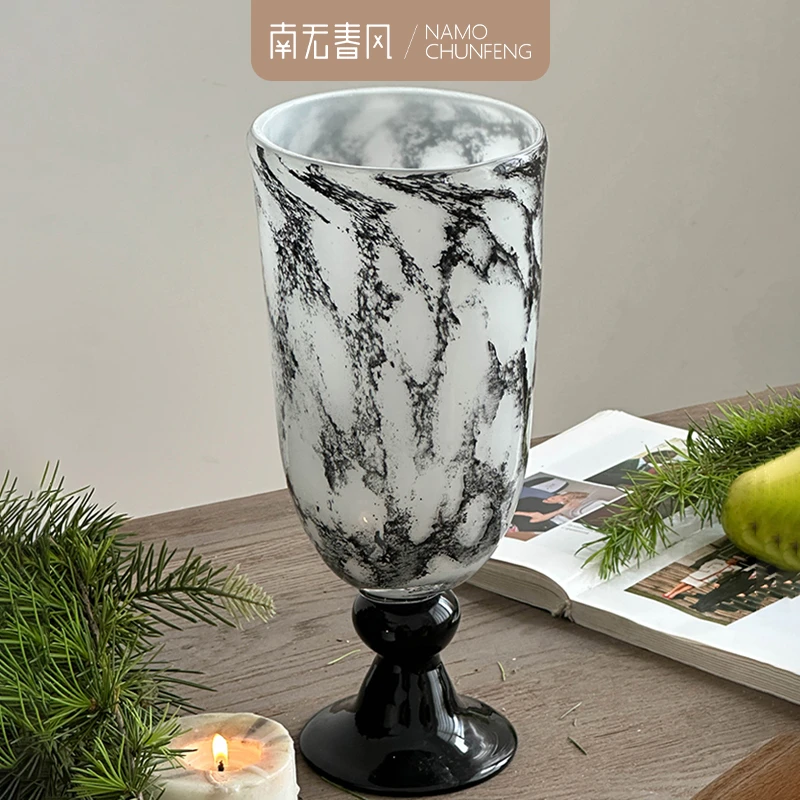 【黑白豹纹花瓶】法式中古手工玻璃软装摆件客厅办公室高瓶身插花器