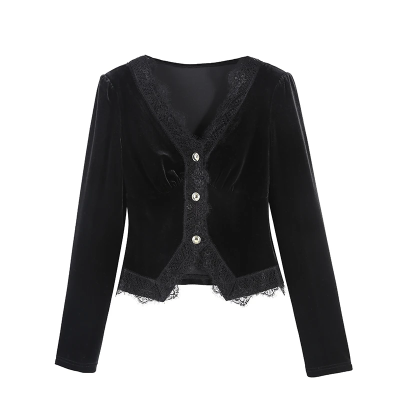 「蕾丝点缀」2024秋冬法式V领蕾丝衬衫上衣HBZC622140 nnassa