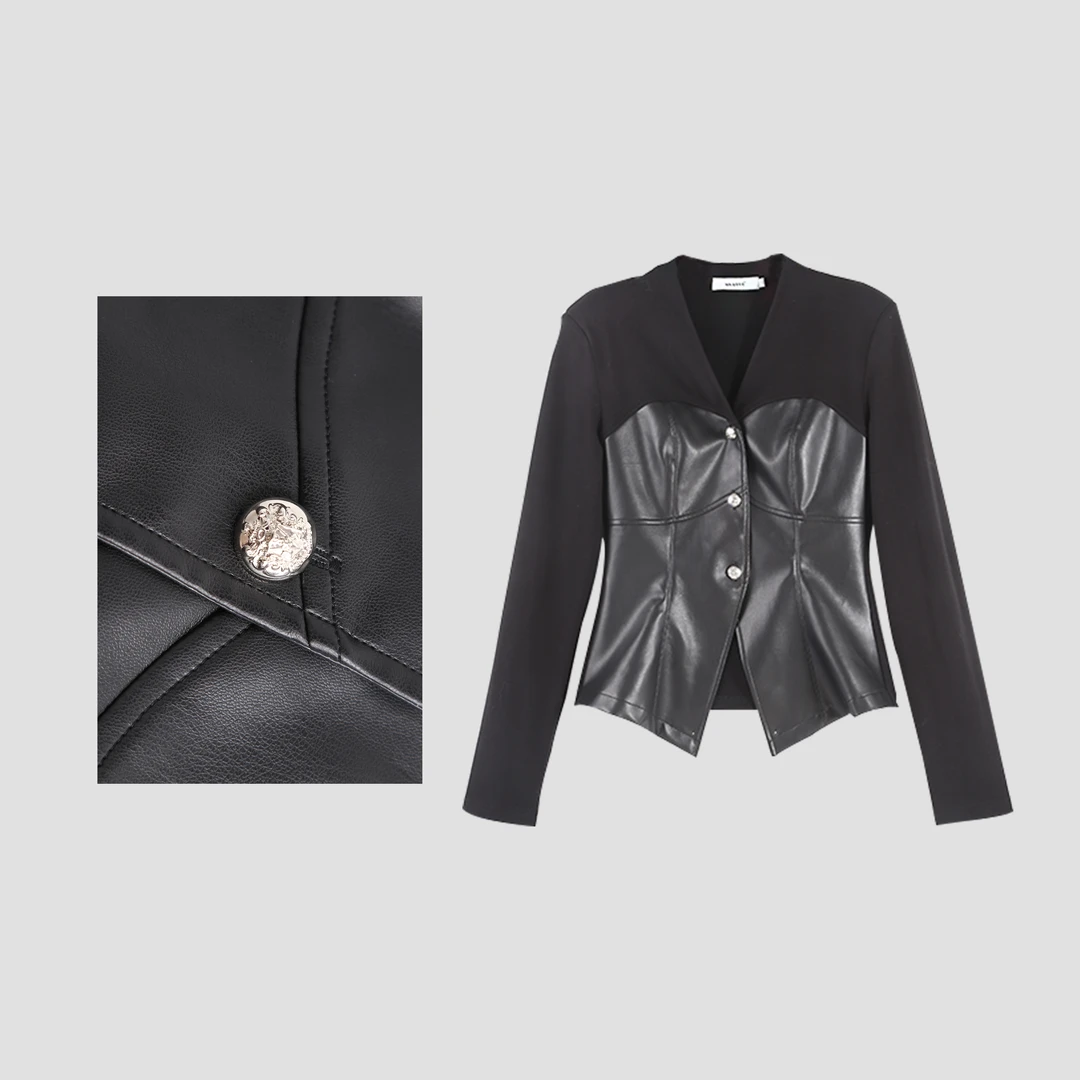 「御姐俘获」秋冬新款法式皮革拼接修身长袖上衣HBZC641200nnassa