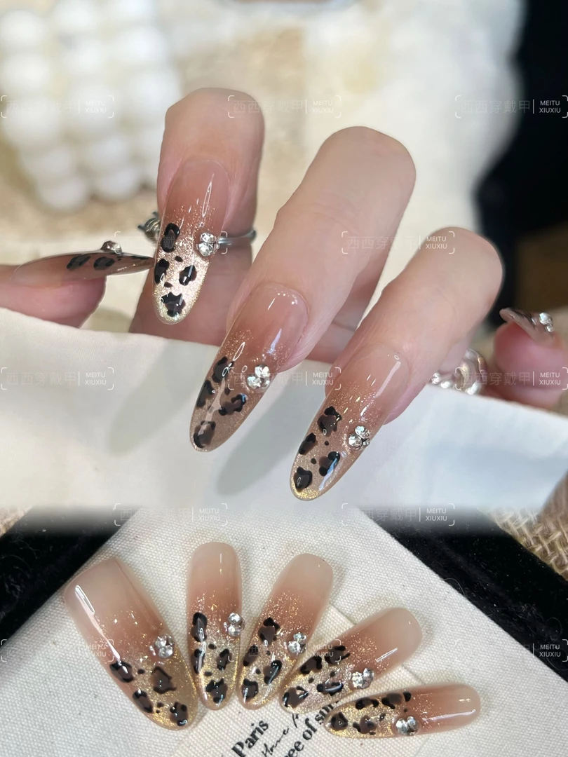 【美拉豹纹】K9钻秋茶色豹纹彩绘穿戴甲2024新款腮红高级简约10片装