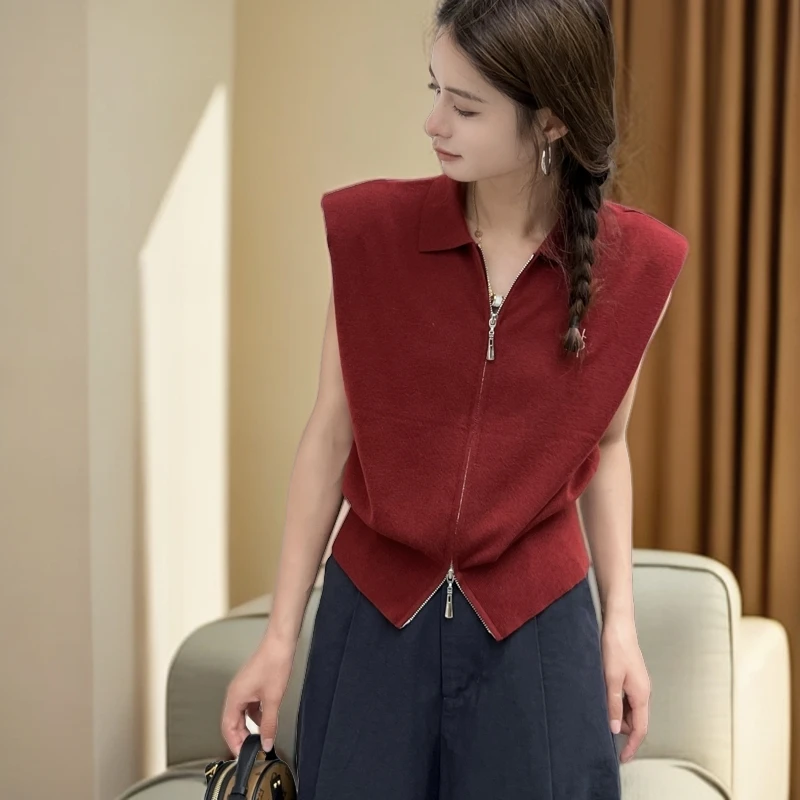 YZY 早秋安哥拉红无袖拉链背心针织开衫女2024显瘦收腰细羊毛上衣