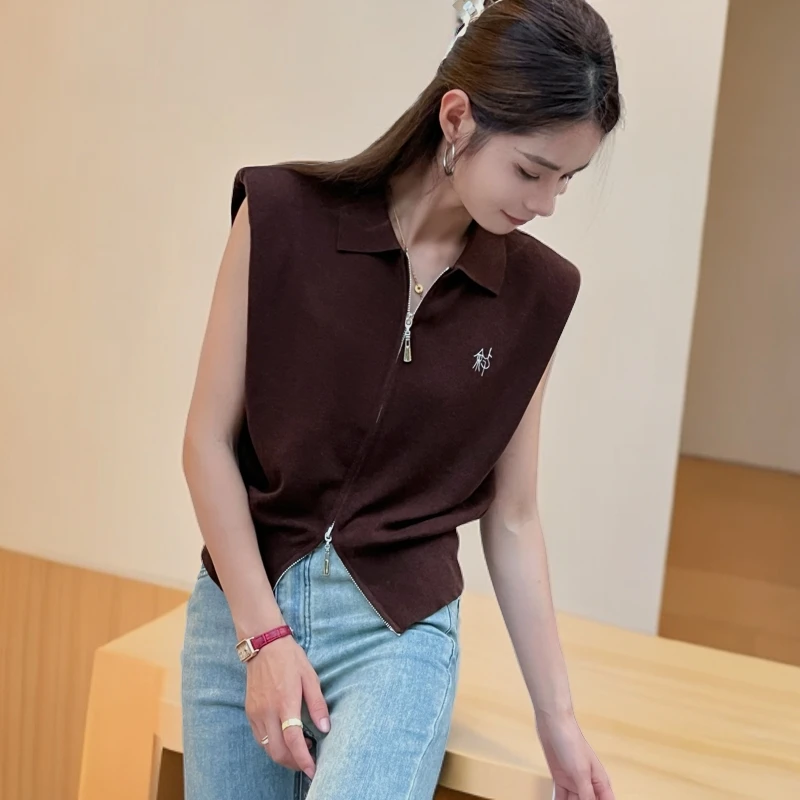 YZY早秋翻领双拉链飞袖针织开衫女2024新百搭显瘦垫肩品质女装