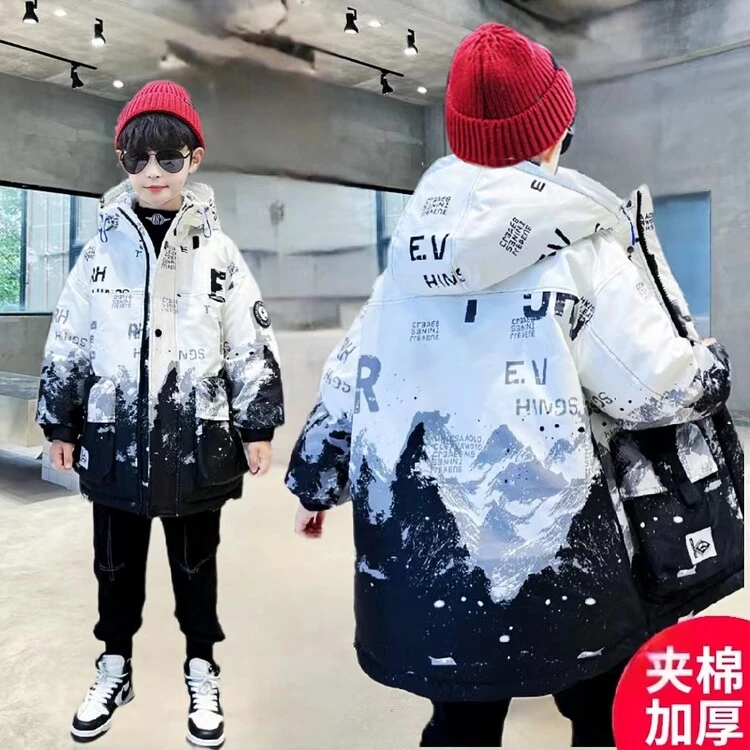 男童冬装加厚服韩版夹棉外套中长款2023新款冬季中大童儿洋气连帽