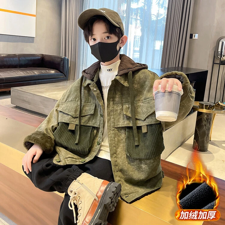 儿童装男童加绒外套秋冬款2023新款洋气冬装中男孩厚外套宽松帅气