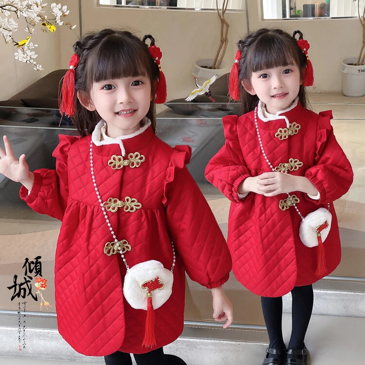 女童连衣裙红色小女孩中国风过年拜年衣服女宝宝冬装儿童洋气加绒