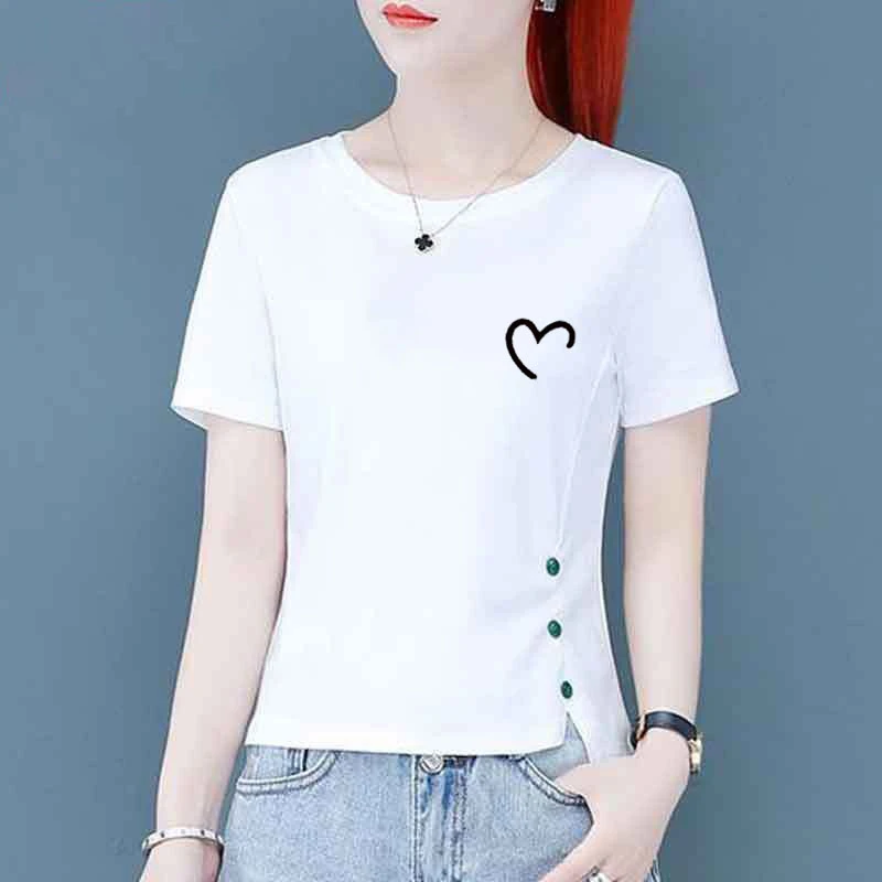 棉短袖T恤女新款夏季修身显瘦短款百搭不规则纽扣上衣