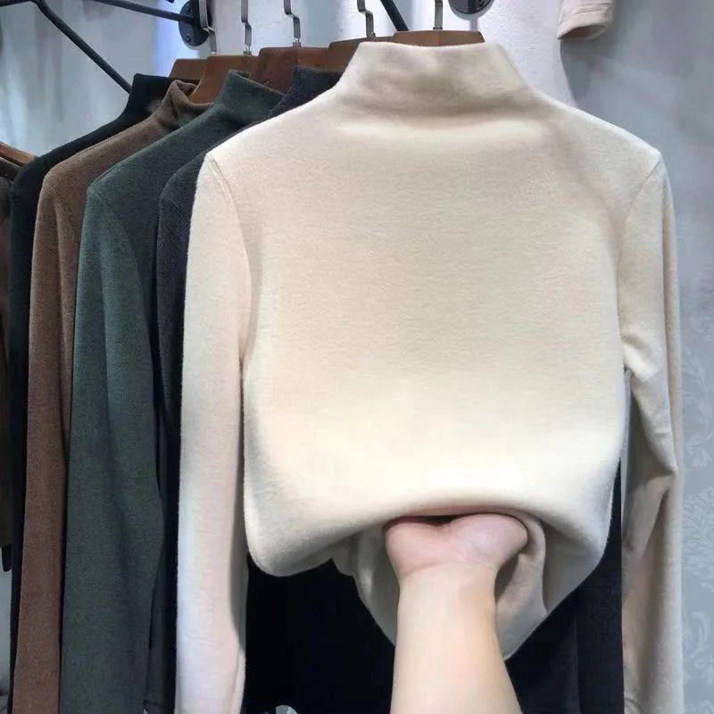双面磨毛自发热德绒半高领打底衫女百搭秋夏亲肤加绒加厚内搭
