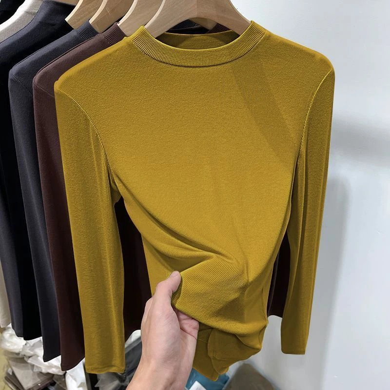 螺纹春秋圆领打底衫复古内搭修身显瘦气质百搭上衣T恤女