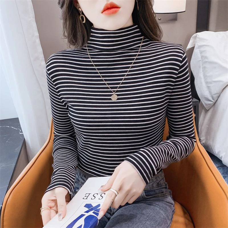 半高领条纹打底衫女韩版修身内搭时尚洋气小众保暖上衣