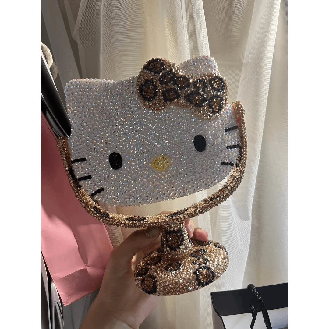 hellokitty猫咪豹纹贴钻镜子公主旋转台式镜KT化妆镜粉色DIY镶钻