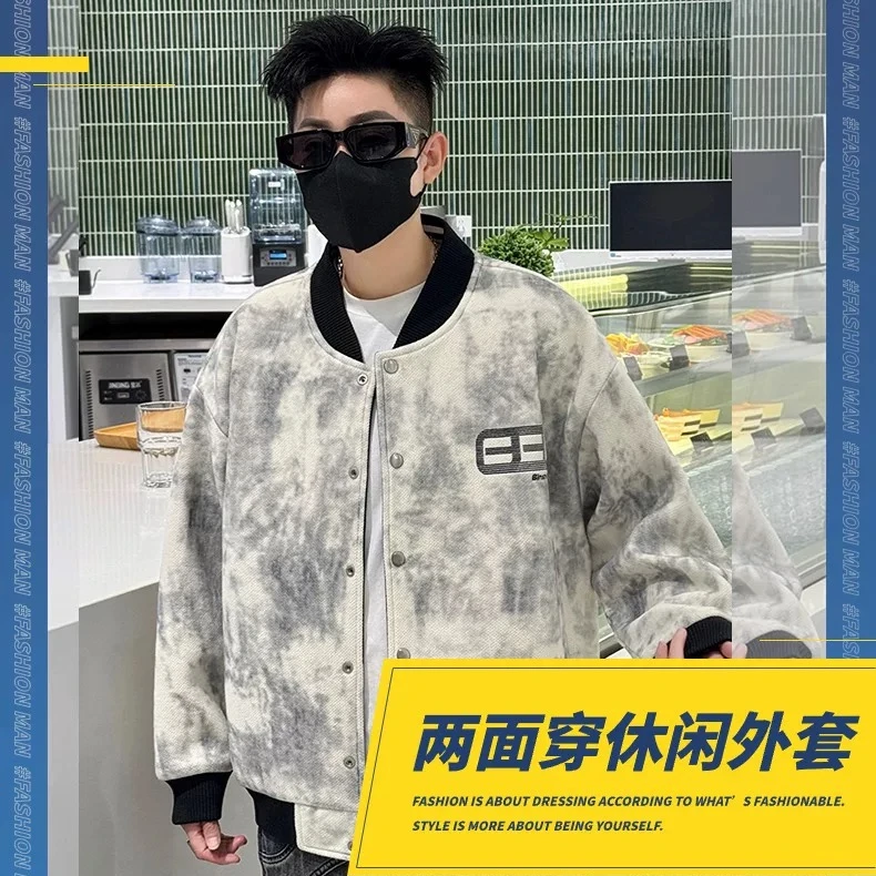 美式潮牌个性字母印花双面穿棒球服外套夹克男女同款秋冬加厚宽松