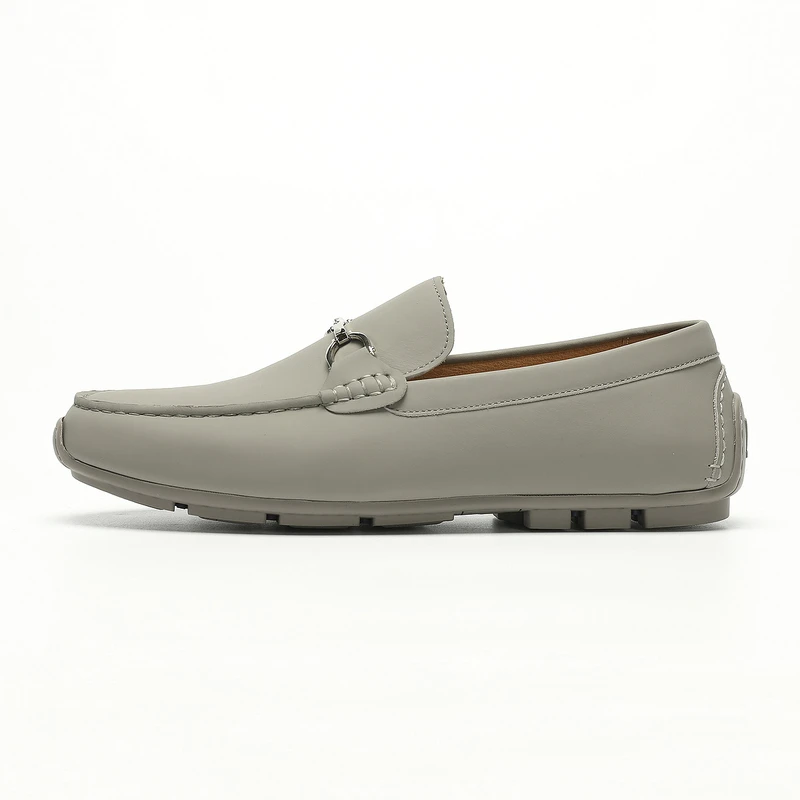 利郎官方 休闲皮鞋男2024夏商务休闲灰白色男士圆头一脚蹬懒人鞋