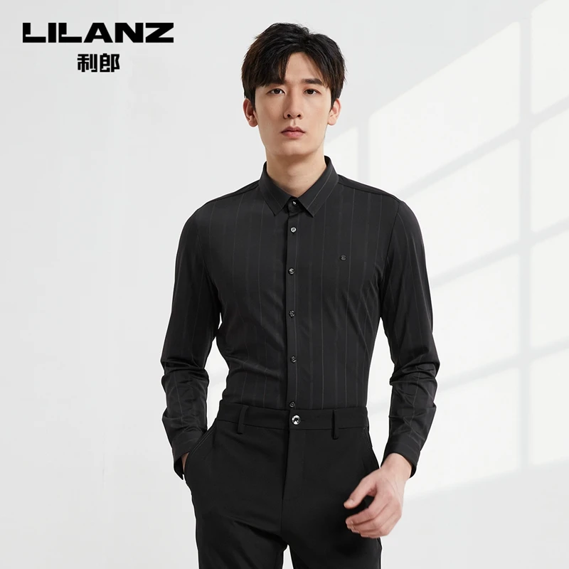 利郎2023秋季新款长袖衬衫男潮流休闲条纹尖领修身衬衣男22QXC911
