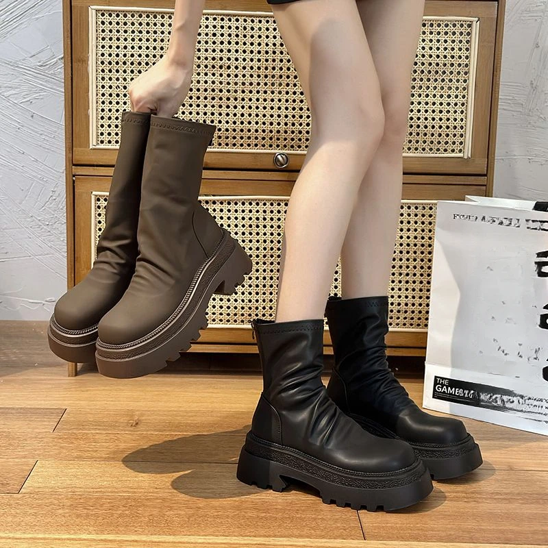 年新款秋冬小腿靴子中筒靴短靴女弹力瘦瘦靴小个子厚底马丁靴时尚
