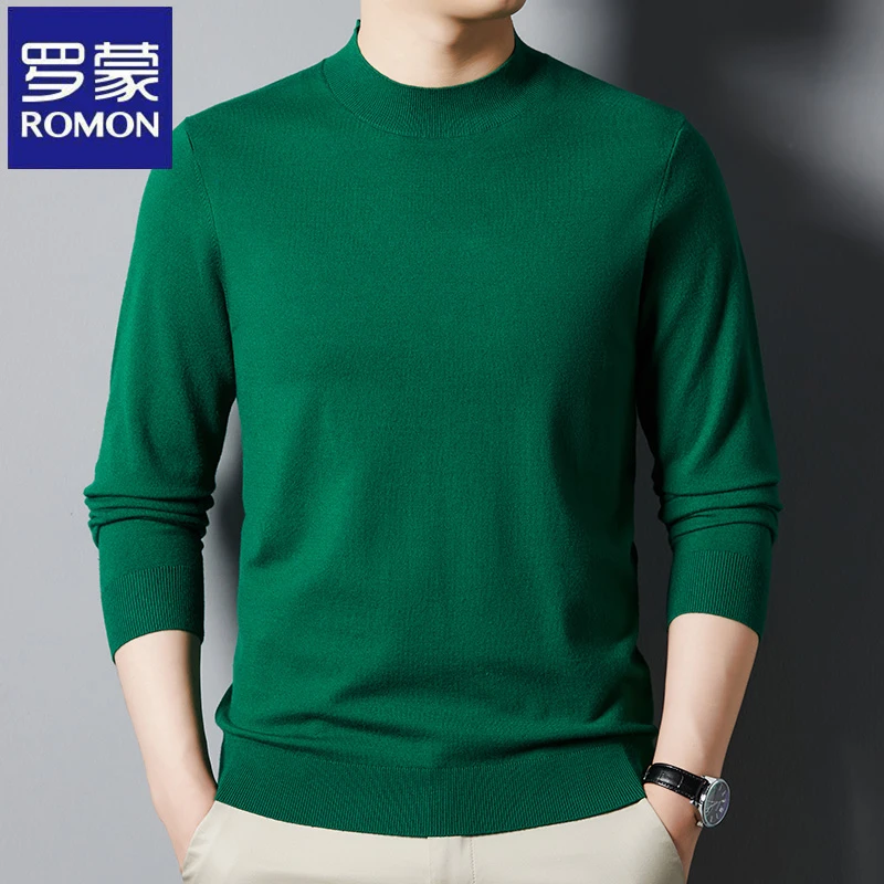 罗蒙纯色休闲半高领针织衫秋冬季长袖百搭中青年简约修身打底毛衣