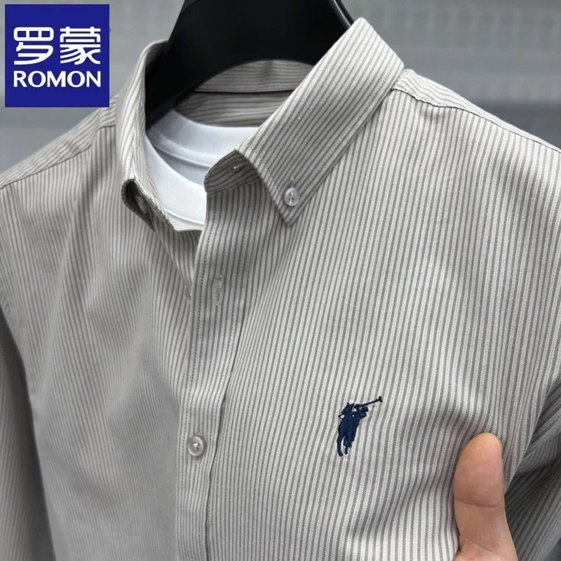 罗蒙高档轻奢男士长袖衬衫春秋季条纹百搭马标商务韩版打底衫衬衣