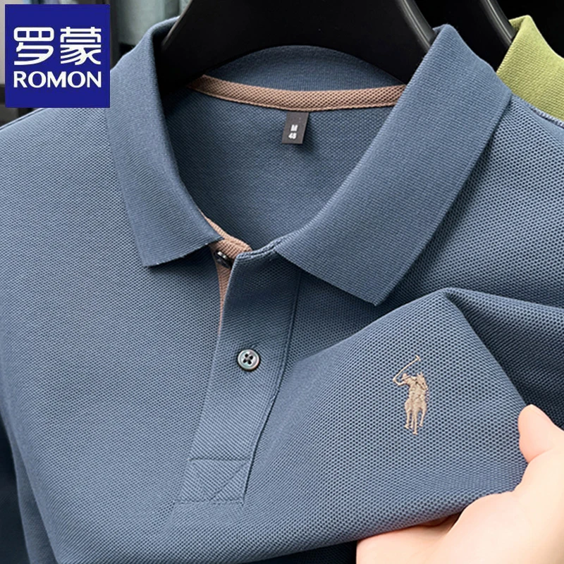 【100%纯棉】罗蒙高档马标男士长袖翻领T恤衫纯色商务爸爸装Polo衫