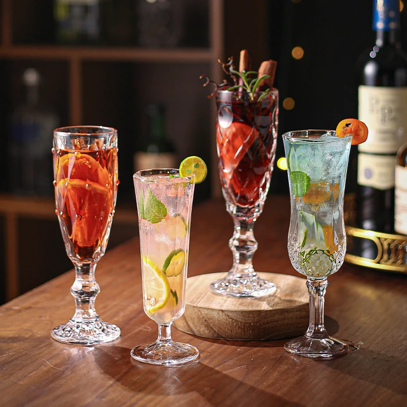 小众ins法式浮雕高脚杯复古香槟杯高颜值家用女红酒杯玻璃水杯子