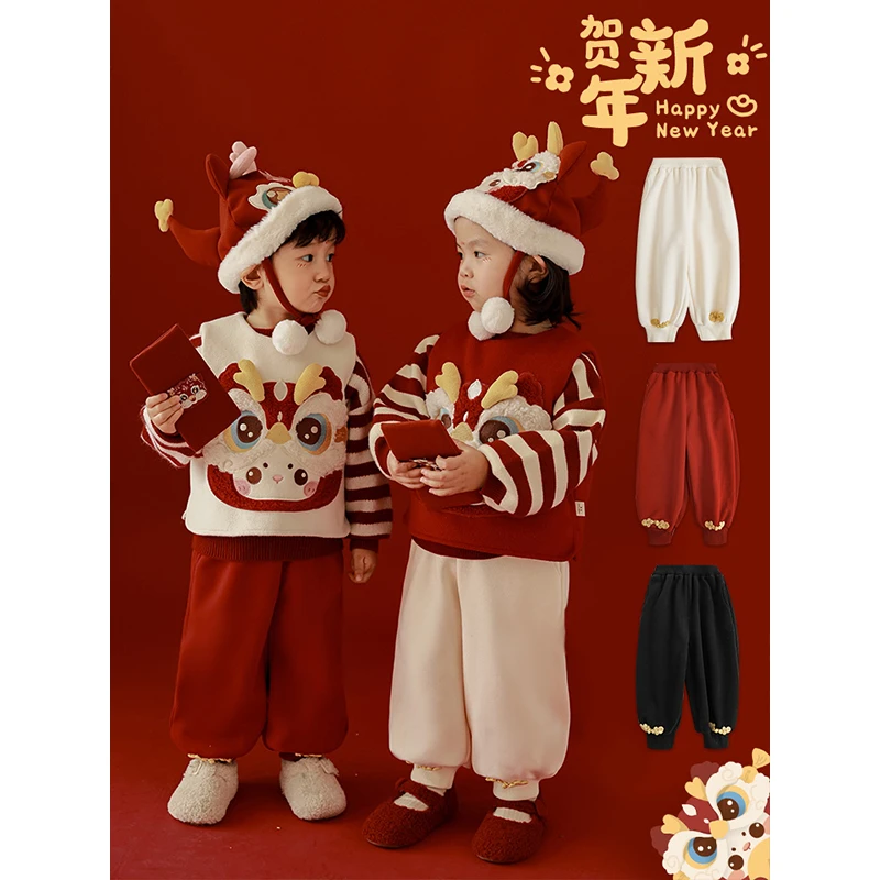 幼悠冬季儿童宽松加绒加厚休闲裤新年服卫裤男童防风束脚裤GN4598